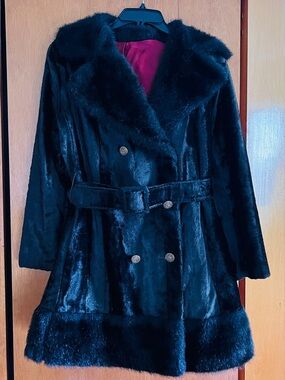 Women's Black Faux-Fur Double-Breasted Coat with Belt